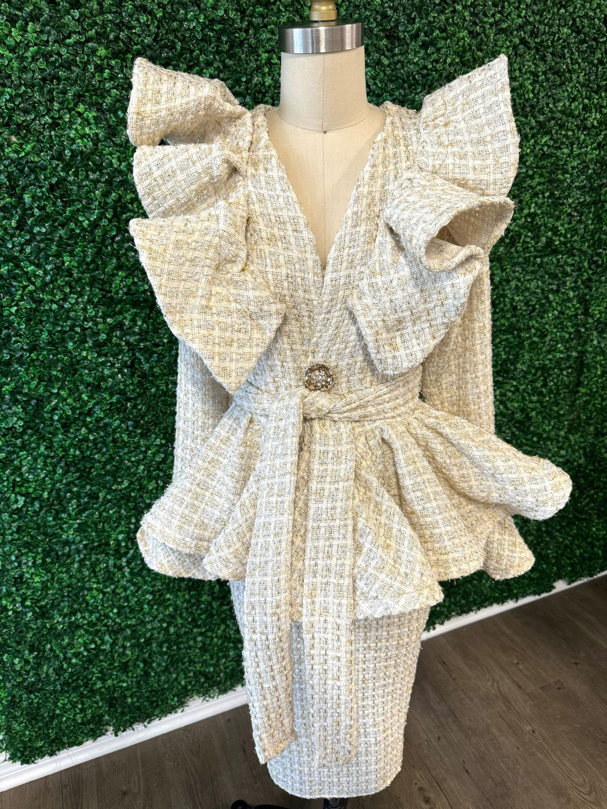 Cream and gold tweed suit