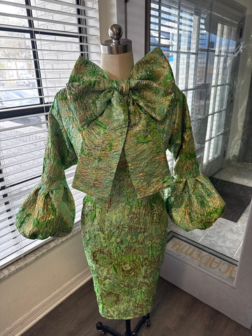 Metallic brocade bow dress