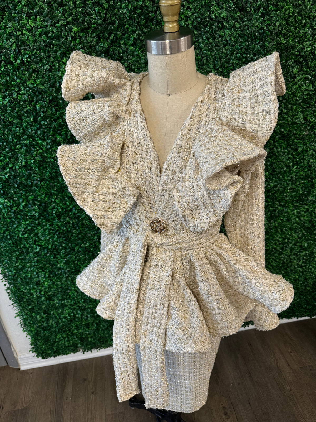 Cream and gold tweed suit