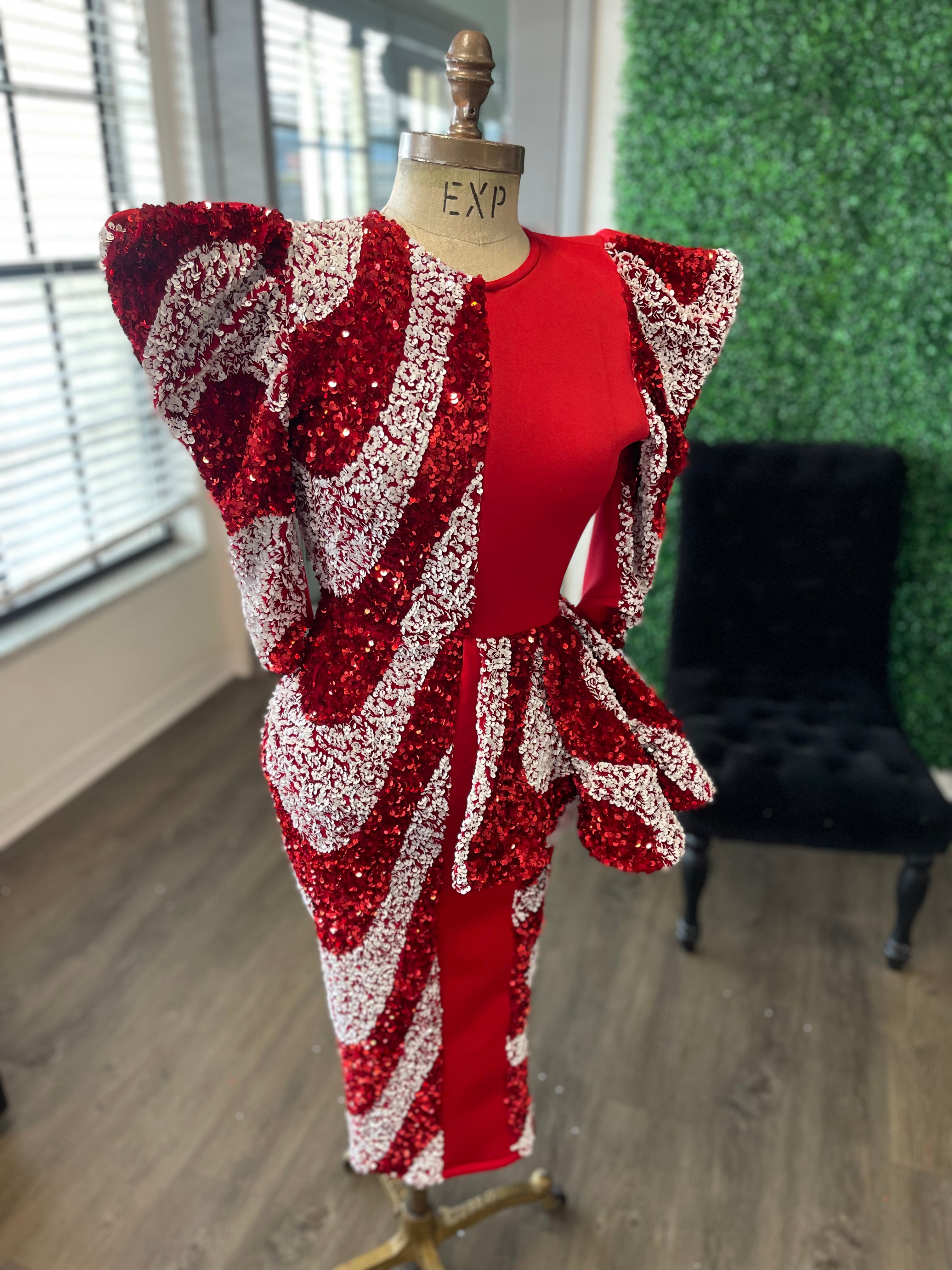 Red and white half peplum sequin dress