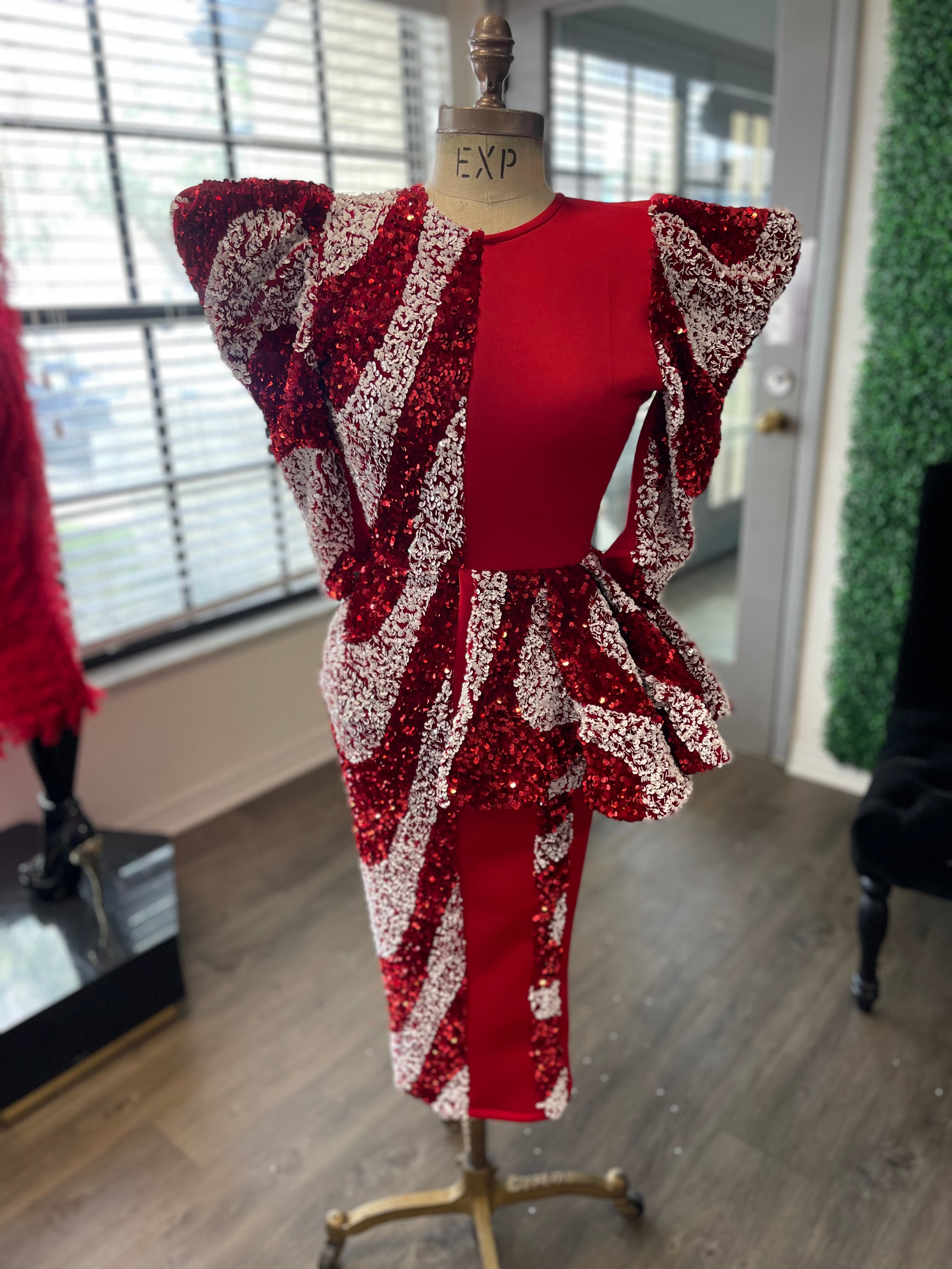 Red and white half peplum sequin dress