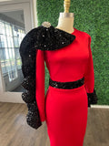Red and black ruffle sleeve dress