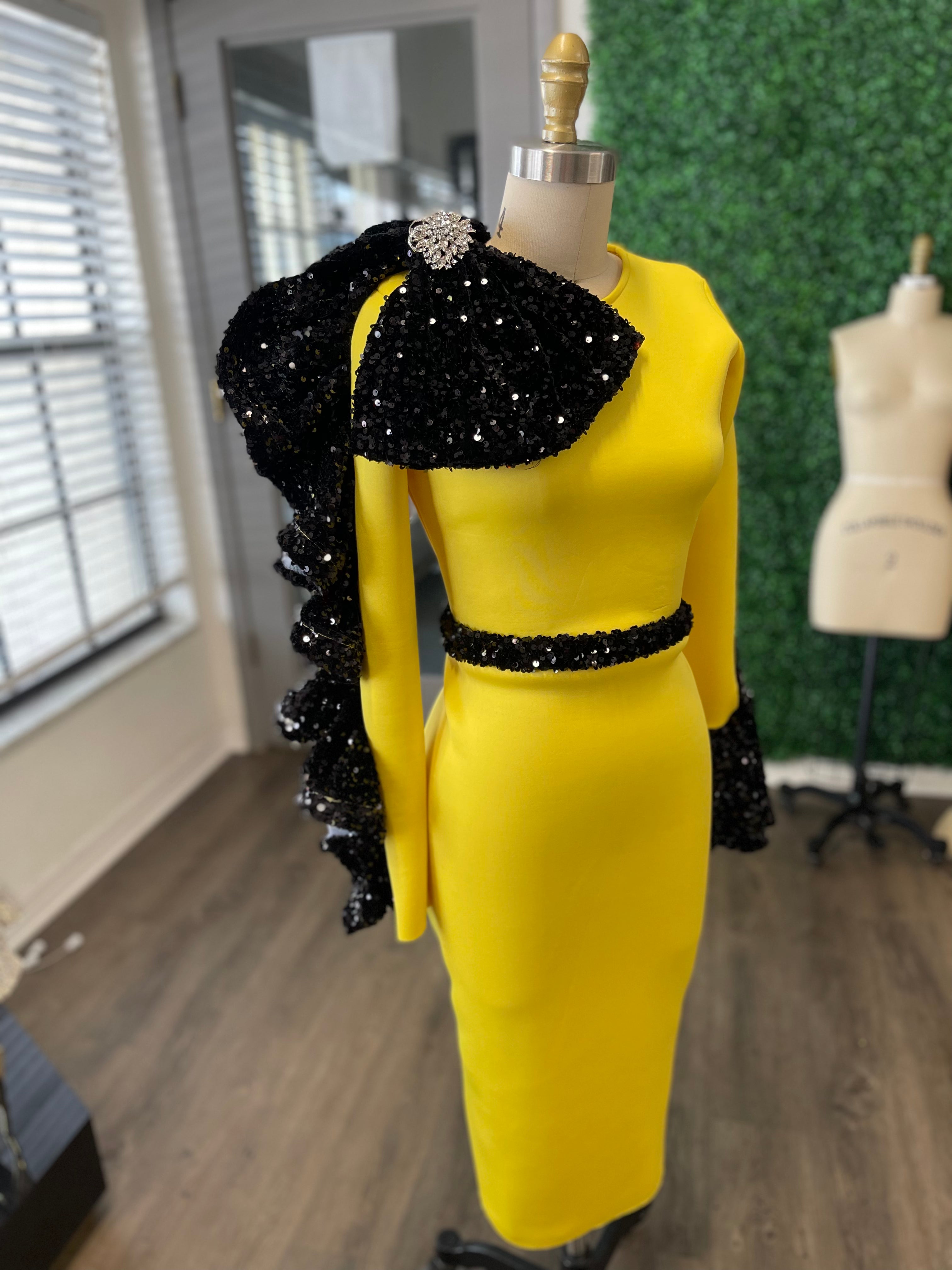 Black and yellow couture sequin dress