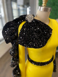 Black and yellow couture sequin dress