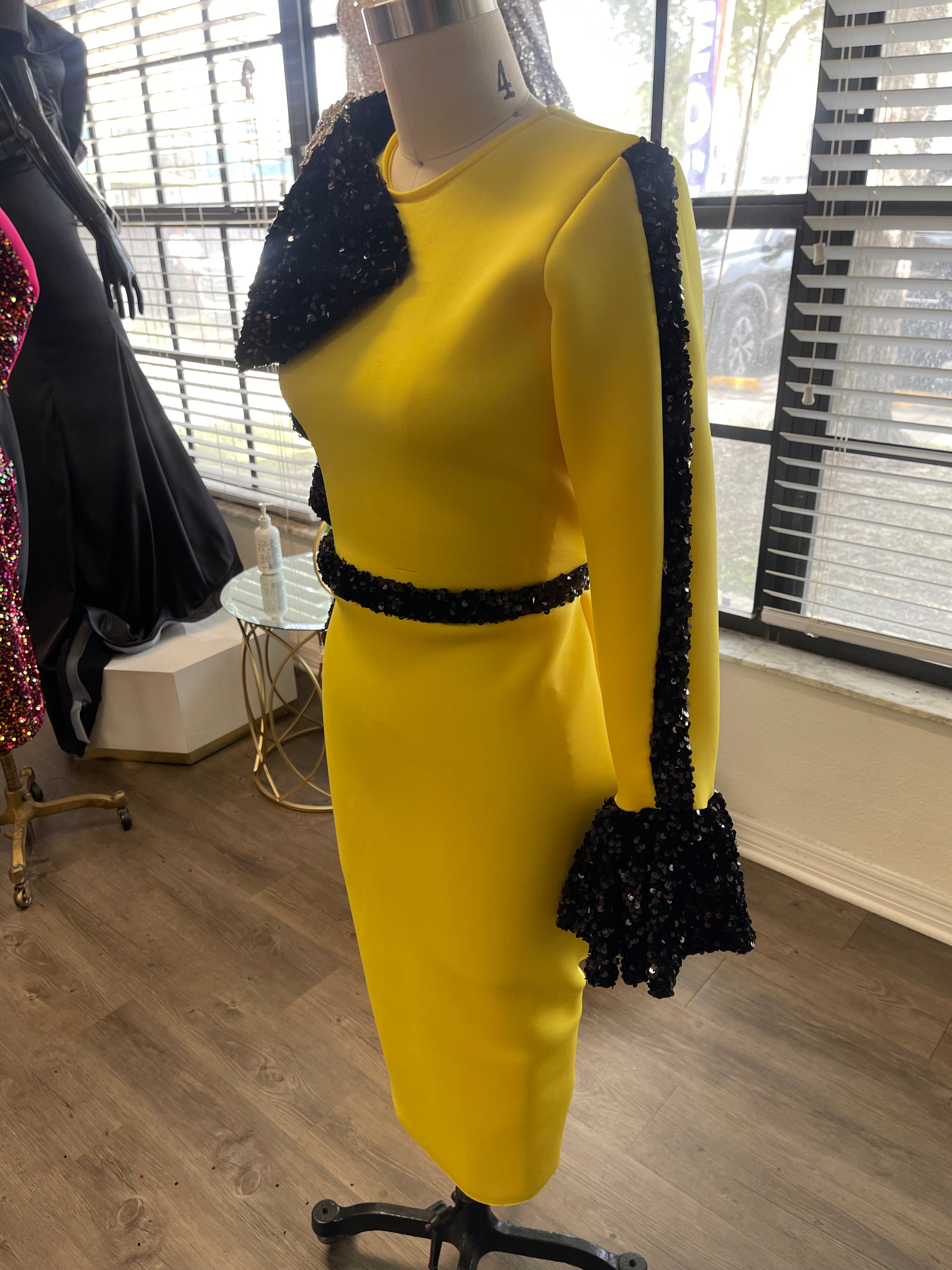 Black and yellow couture sequin dress